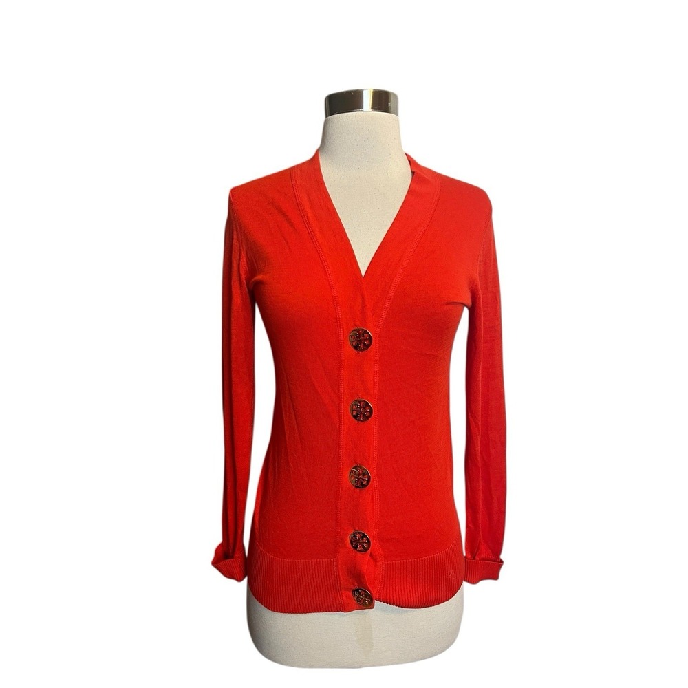 TORY BURCH Simone Cardigan Sweater Size XS Orange Logo Buttons
